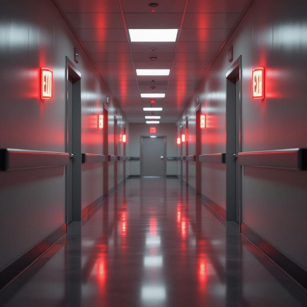 Photorealistic Red Metallic Hospital Hallway with Flashing E...