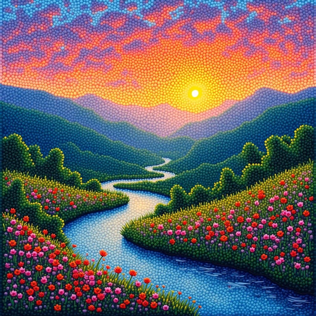 Vibrant Sunrise Landscape in Pointillism Style