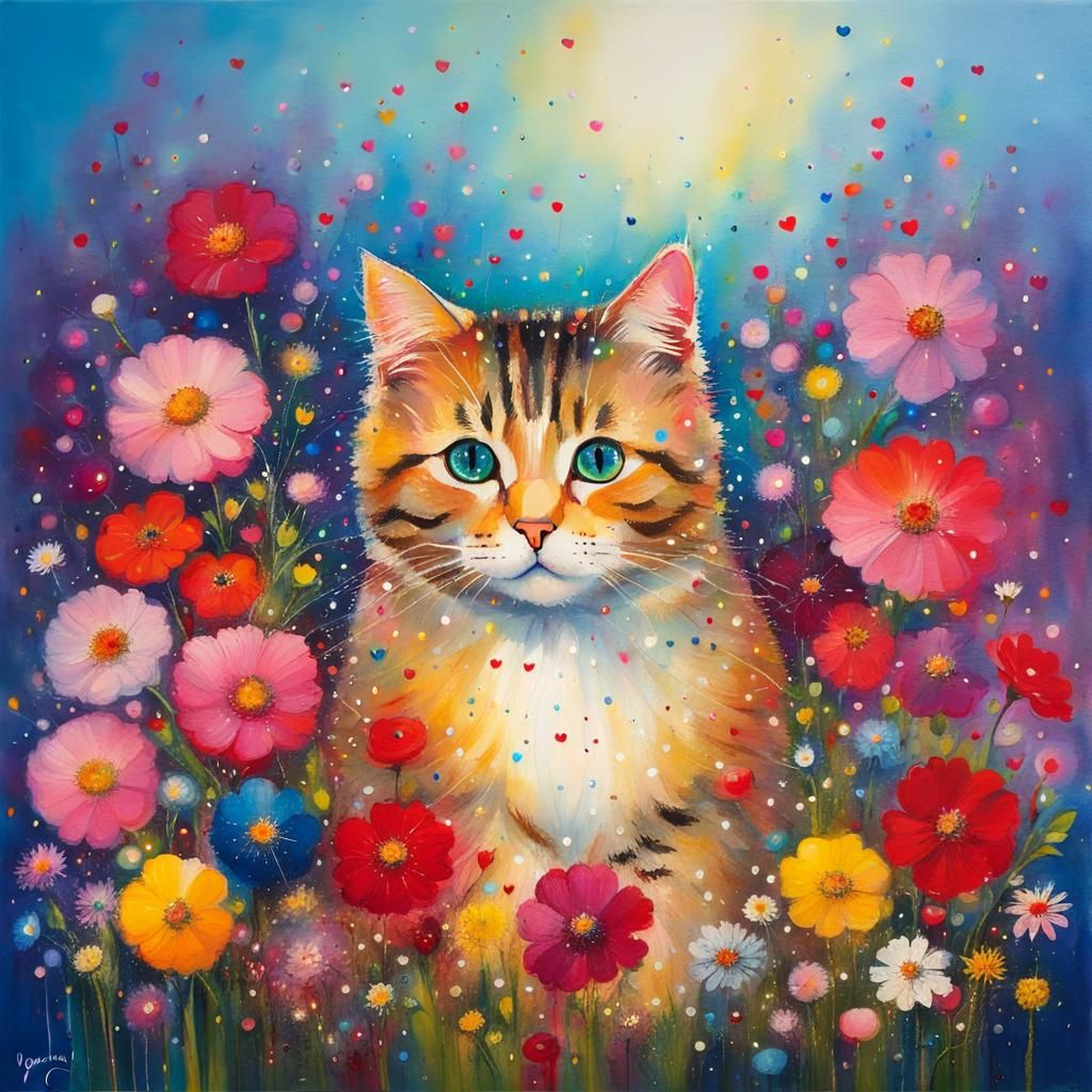 Cute Cat in Floral Landscape, Impressionistic Style