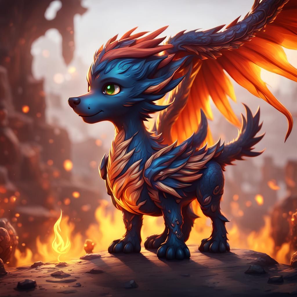 Chibi Phoenix Dragon Hound in Detailed Matte Painting