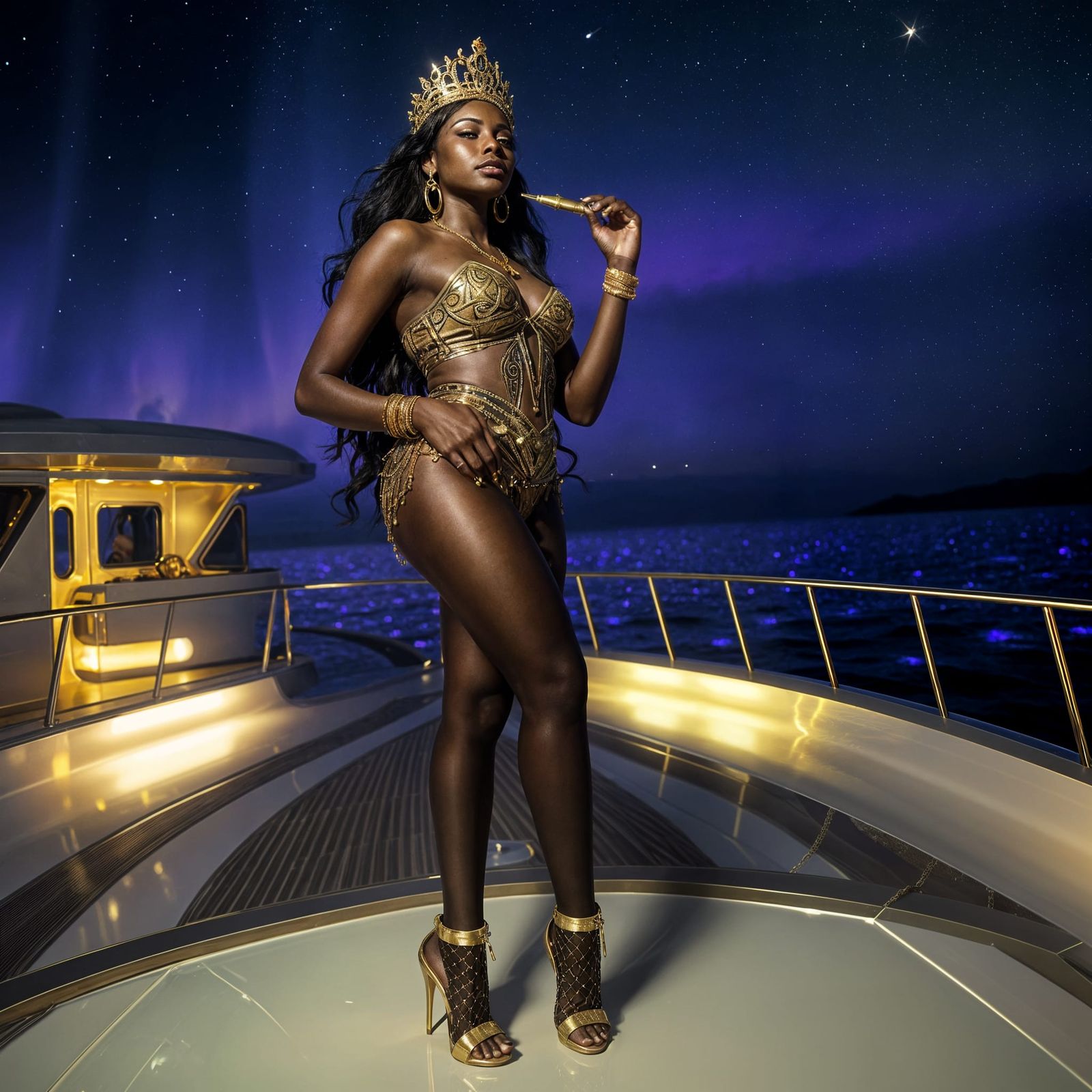 Glamorous Transgender Woman on Yacht with Bioluminescent Wat...