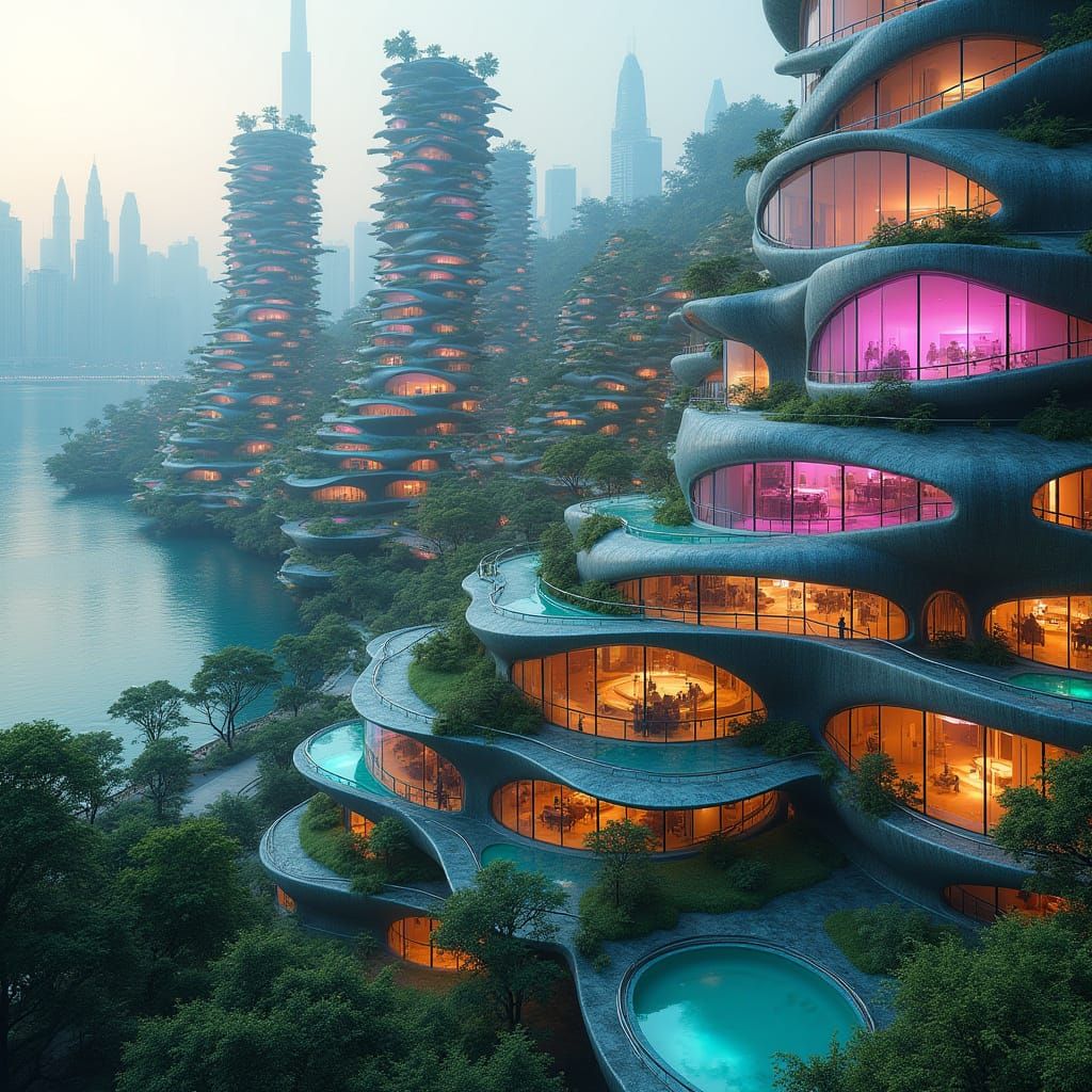 Luminous Metropolis Rises from the Lake's Edge, Featuring Pe...