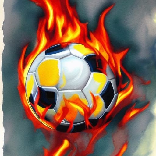 Flaming Soccer Ball in Gouache Style