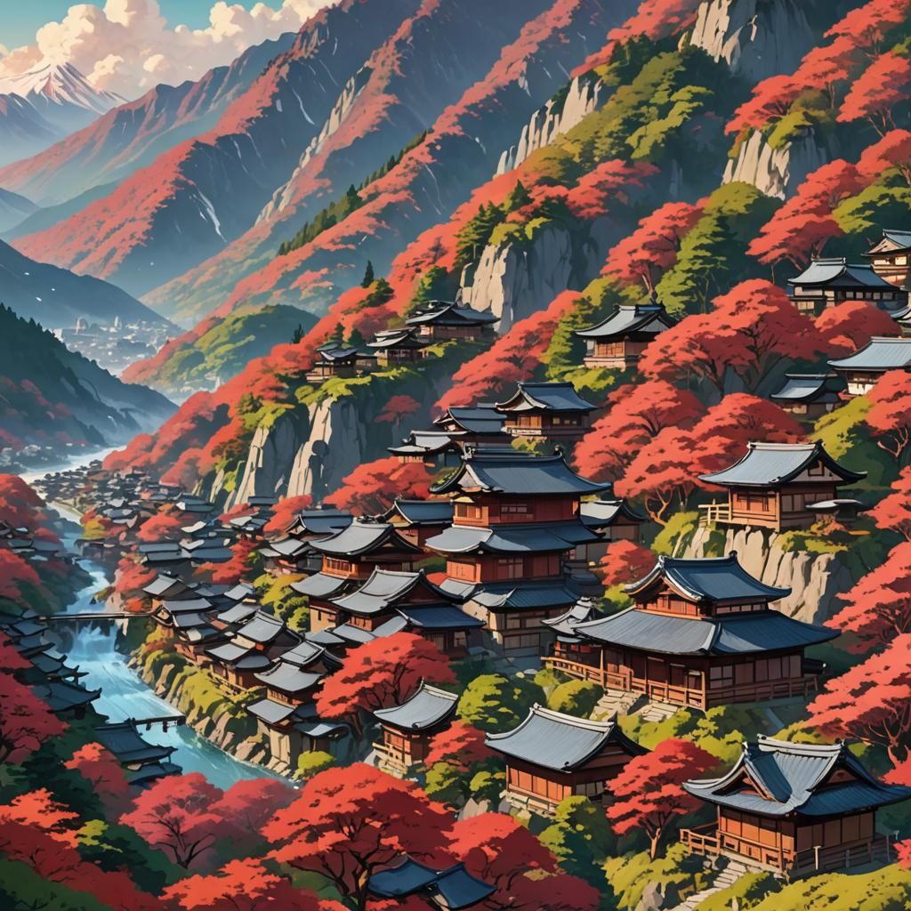Anime Mountain Village: Japanese Landscape Art