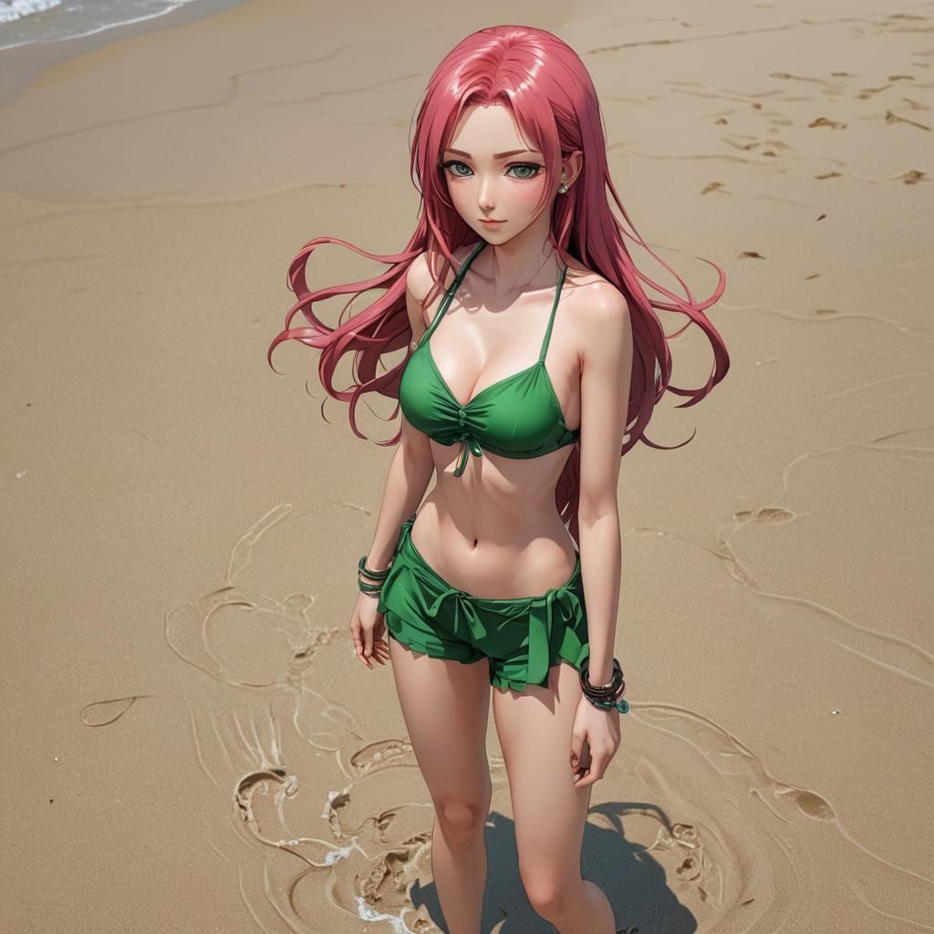 Woman, Pink Hair, Long Hair, Green Eyes, Beautiful Eyes, On The Beach, Wearing a Bikini, Red Bikini, Long Legs, Shy, Bas...