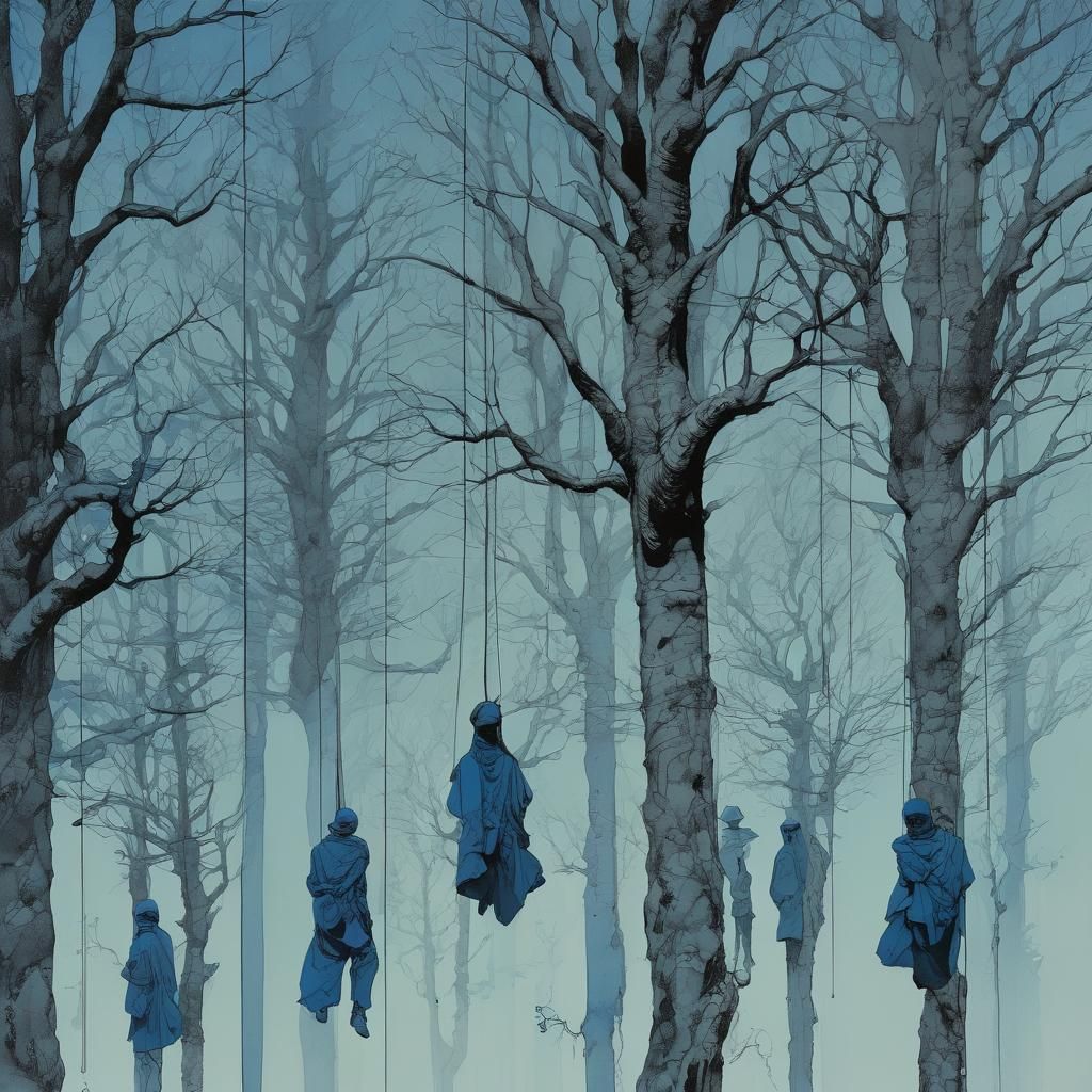 Surreal Hanging Figures in Moebius Style Ink Drawing