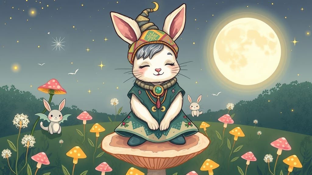 Chibi Hippy-Witch Rabbit in Moonlit Meadow