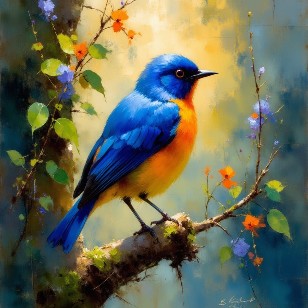 Vibrant Blue Wren in Whimsical, Dreamlike Landscape