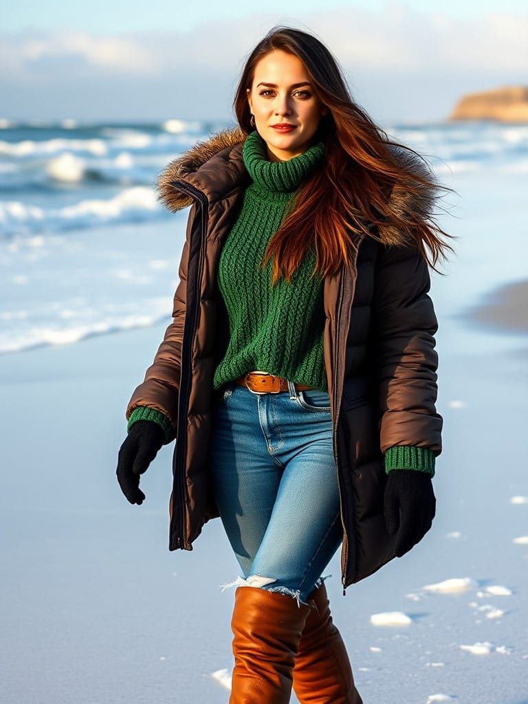 Winter Serenity: A Fashion Model's Snowy Beach Stroll