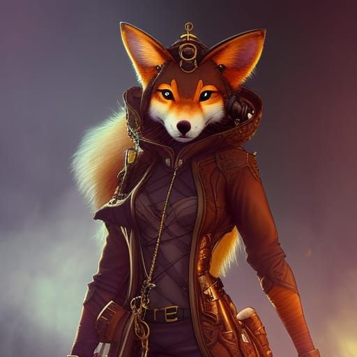 Steampunk Anthro Fox with Golden Butterflies