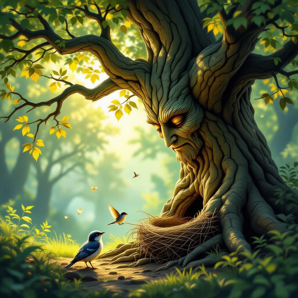 Ancient Tree Spirit Helps Bird in Enchanted Forest