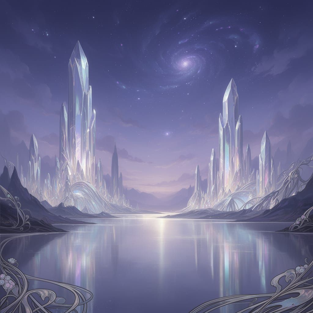 Ethereal Landscape Digital Painting with Crystalline Structu...