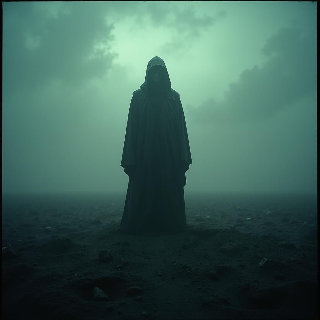 Apocalyptic Hooded Figure in Wasteland Scene