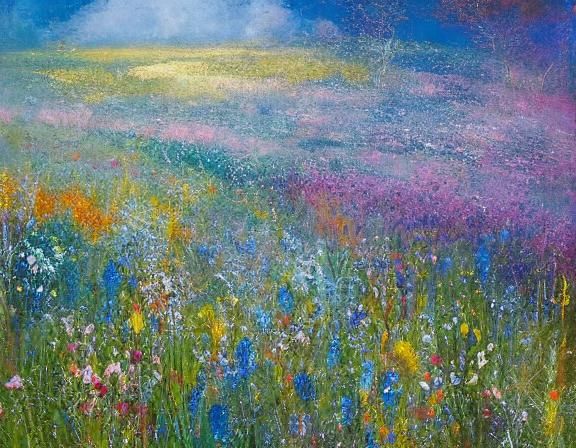 Girl in Blooming Flower Meadow, Intricate Detail