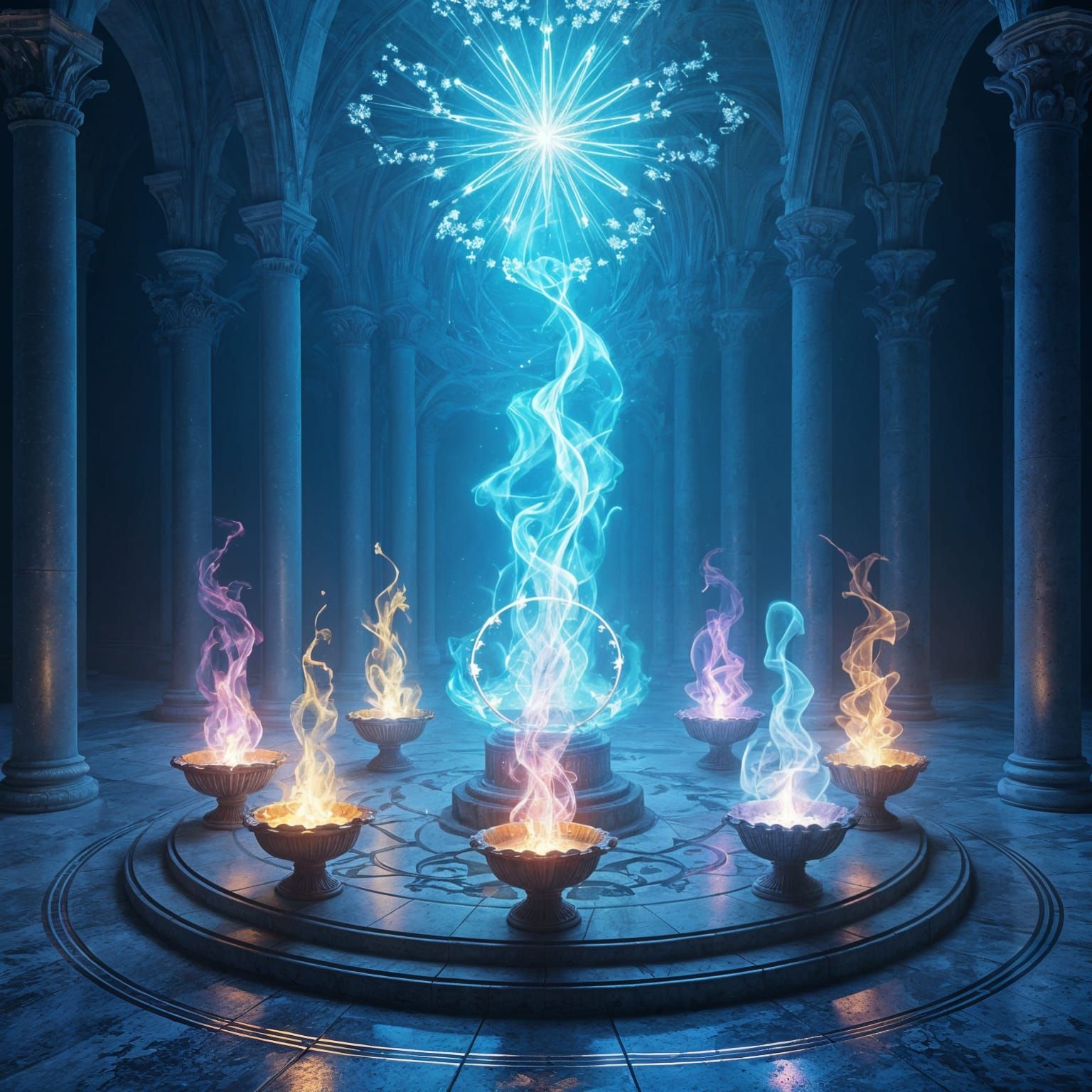 Angelic Figure in Celestial Chamber with Sacred Flames