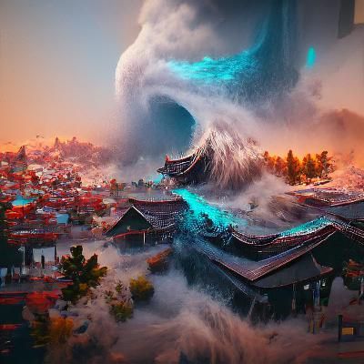 Detailed Tsunami Matte Painting in Deep Color