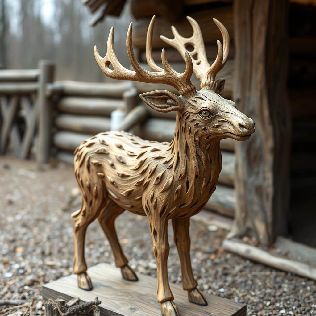 Wooden Deer Sculpture in Mystical Realism Style