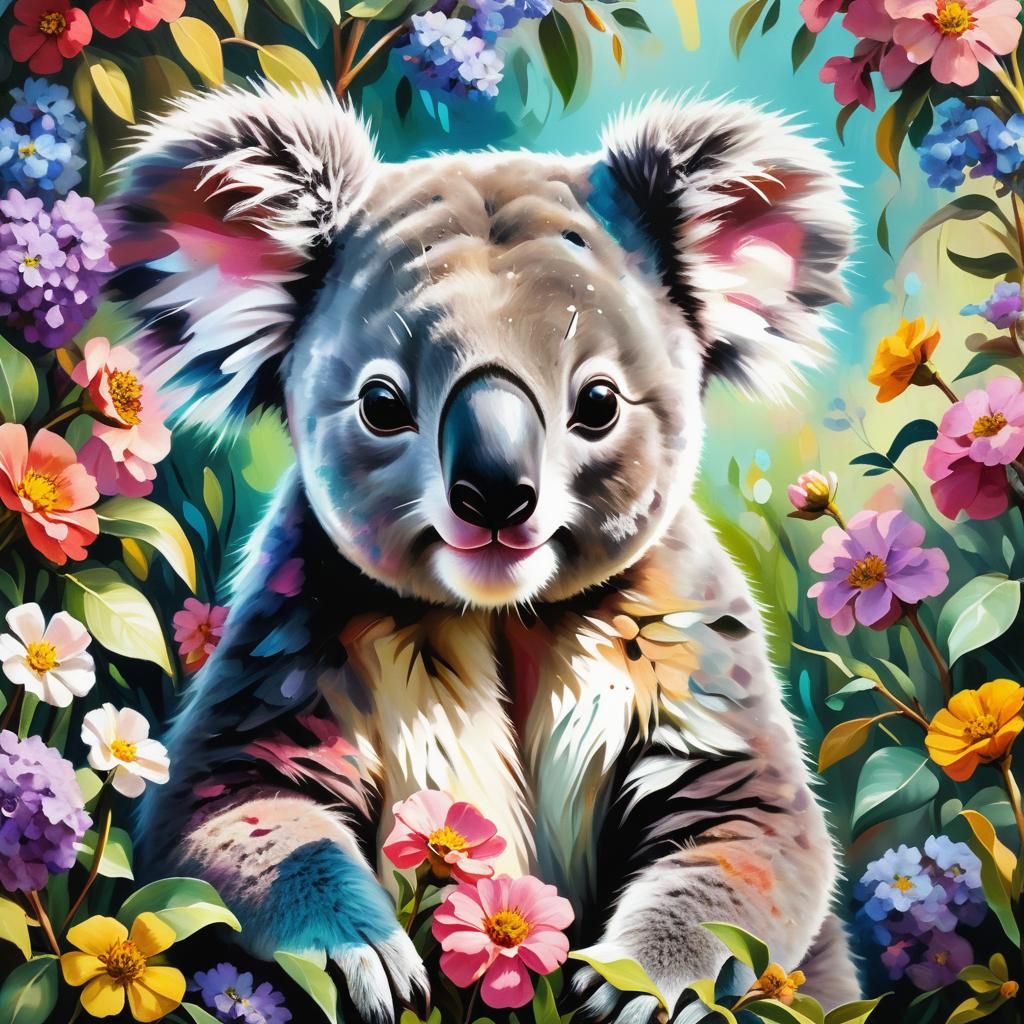 Koala in Flower Garden Oil Painting