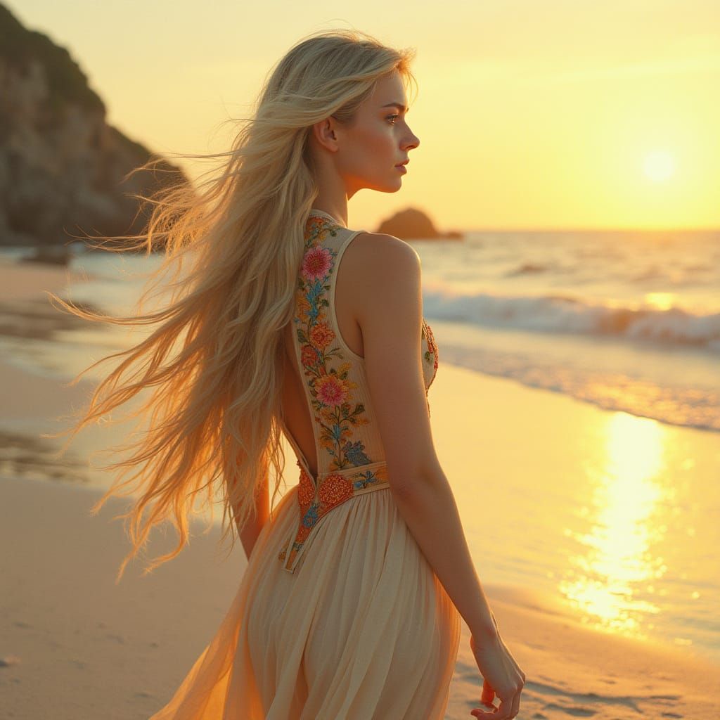 Woman in Rainbow Dress on Sunset Beach
