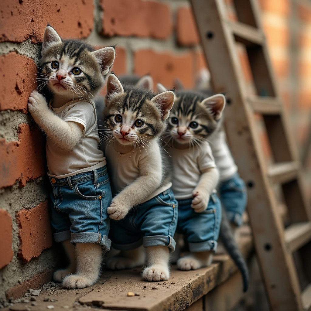 Kittens Constructing Brick Wall in Cinematic Style