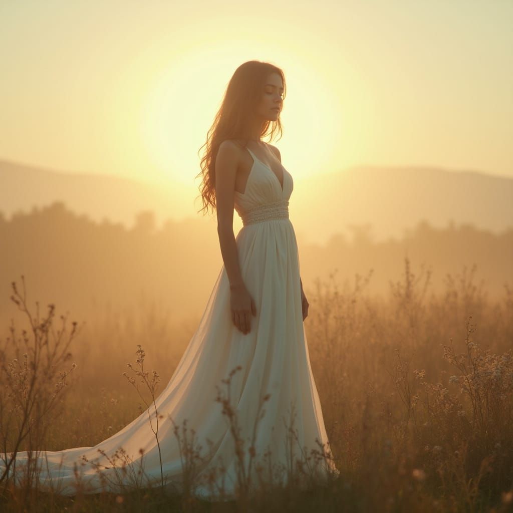 Ethereal Woman in Golden Light: Dreamy Digital Art