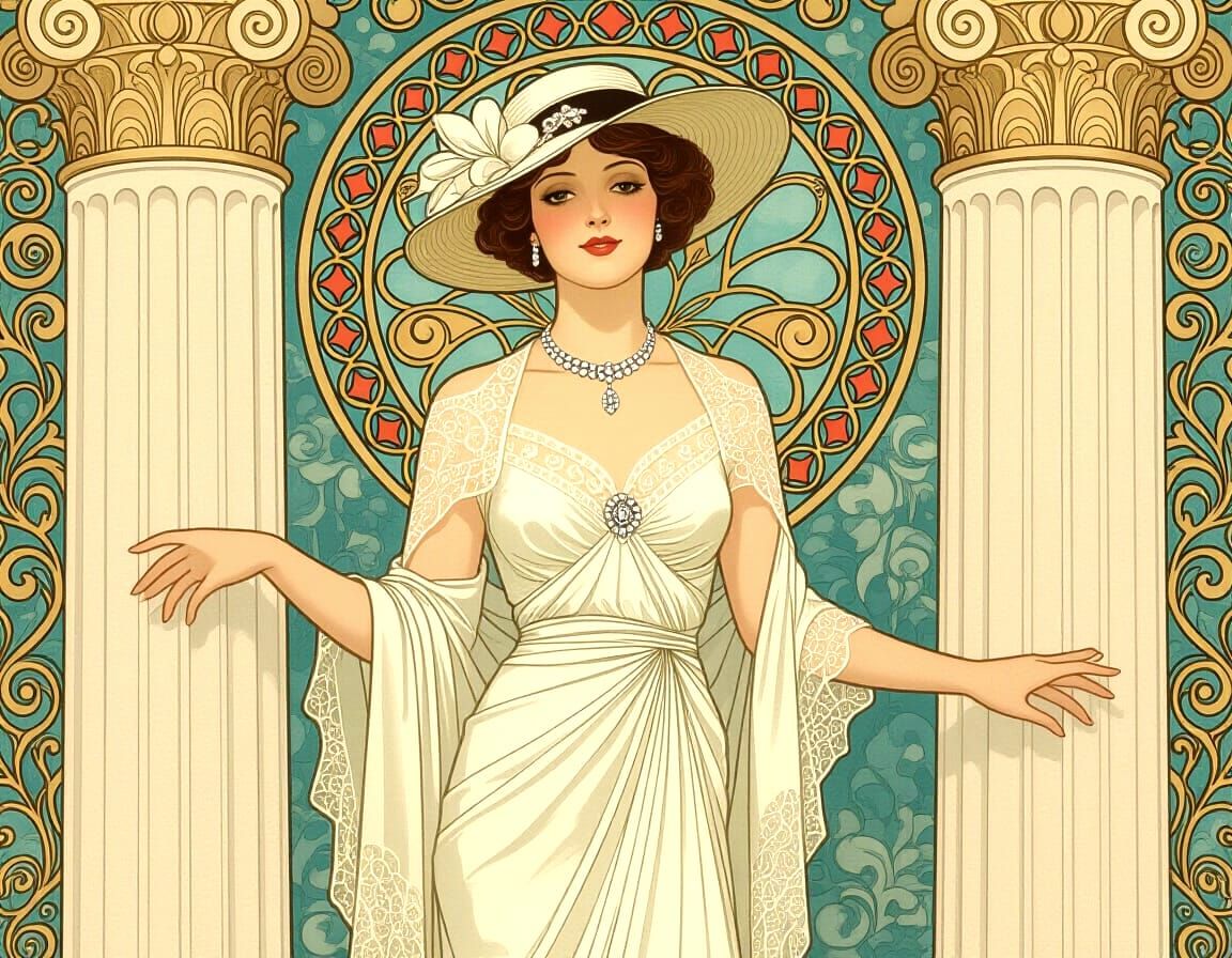 Elegant Art Deco Woman with Lace Dress