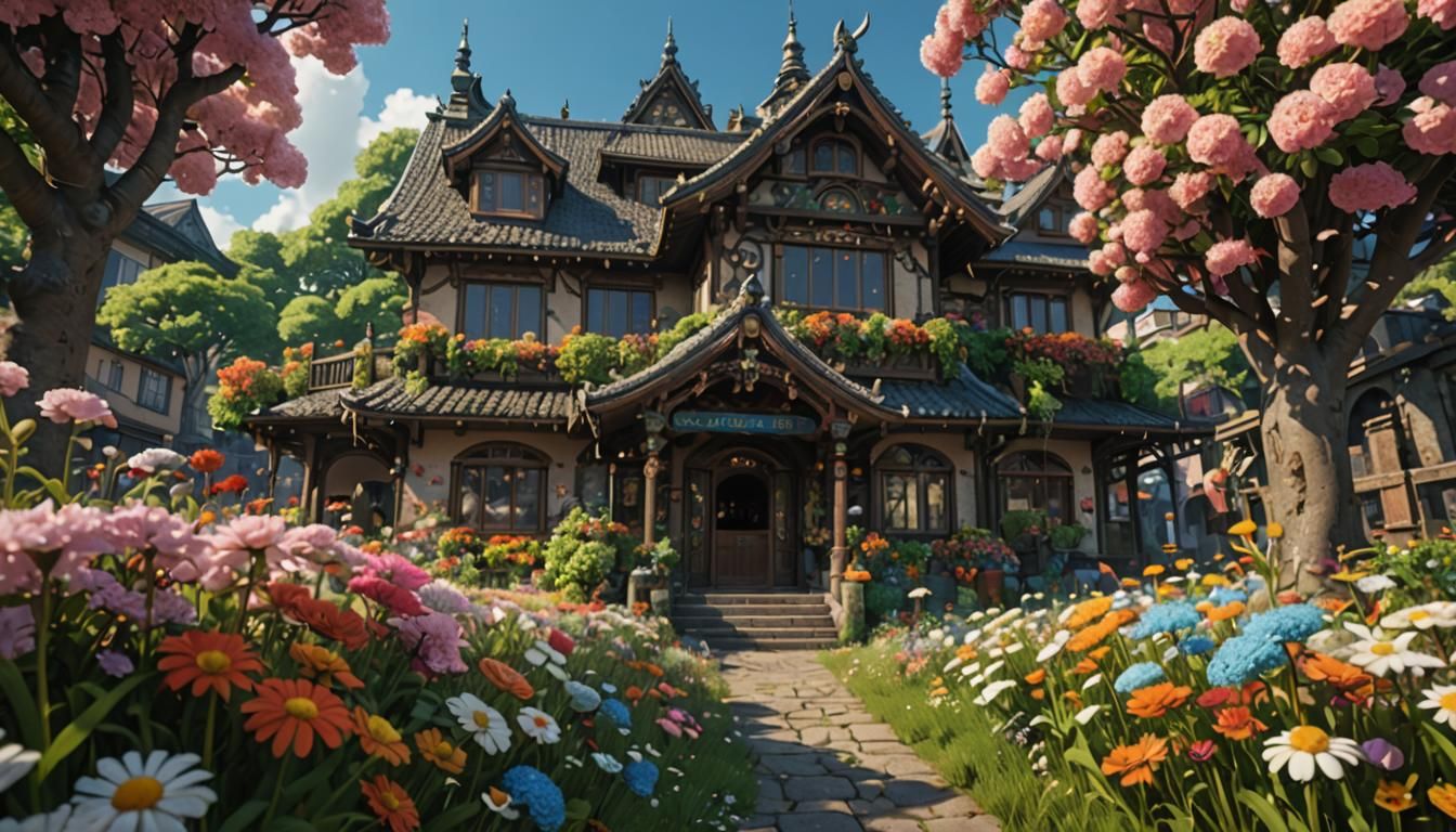 House Covered in Flowers, Studio Ghibli Style