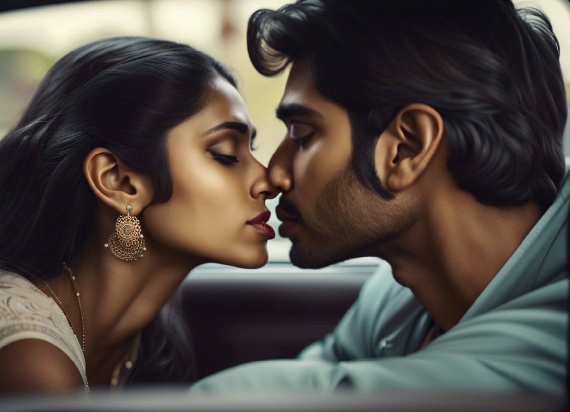 A young Indian couple in the back seat of a car