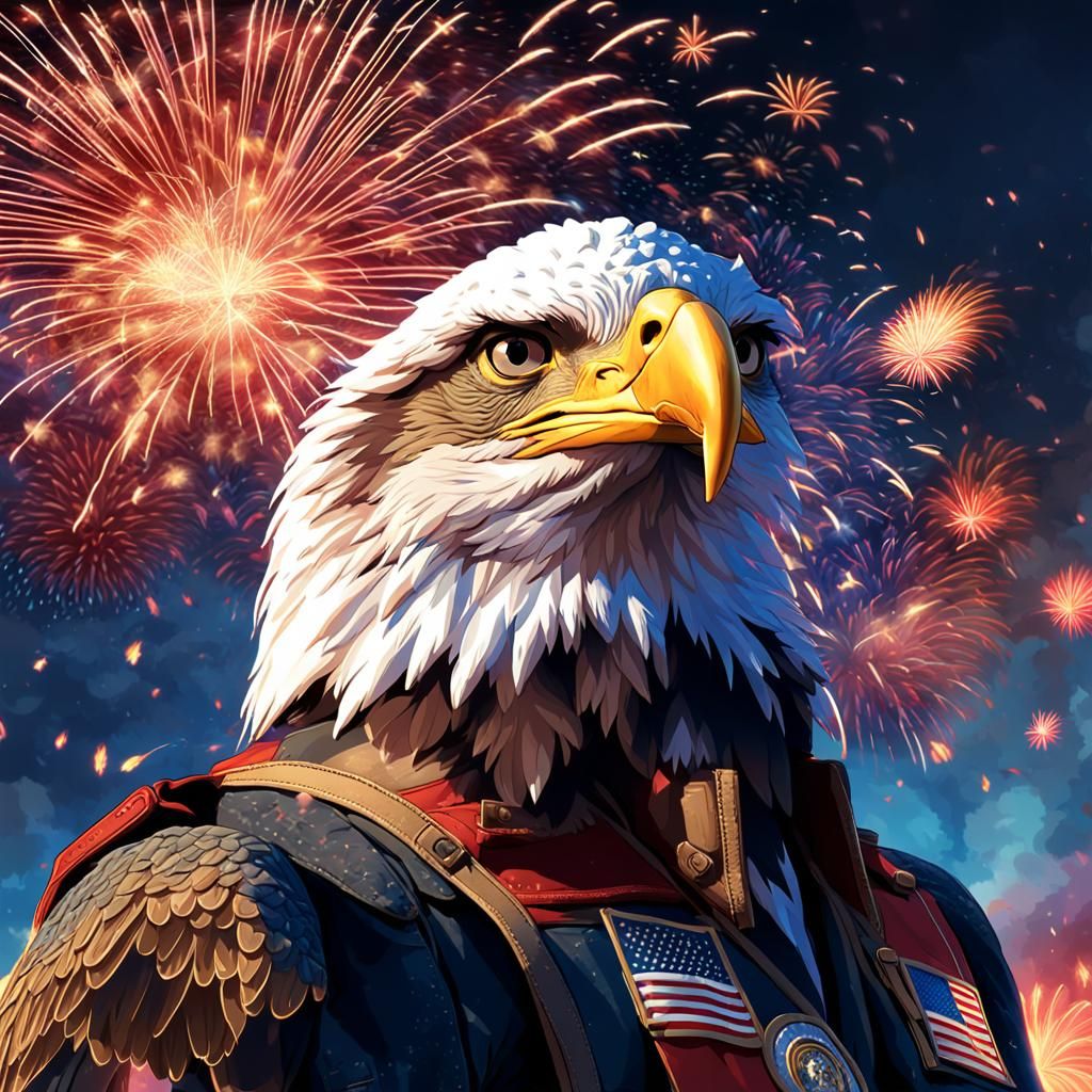 American Eagle Saluting Soldiers Under Fireworks