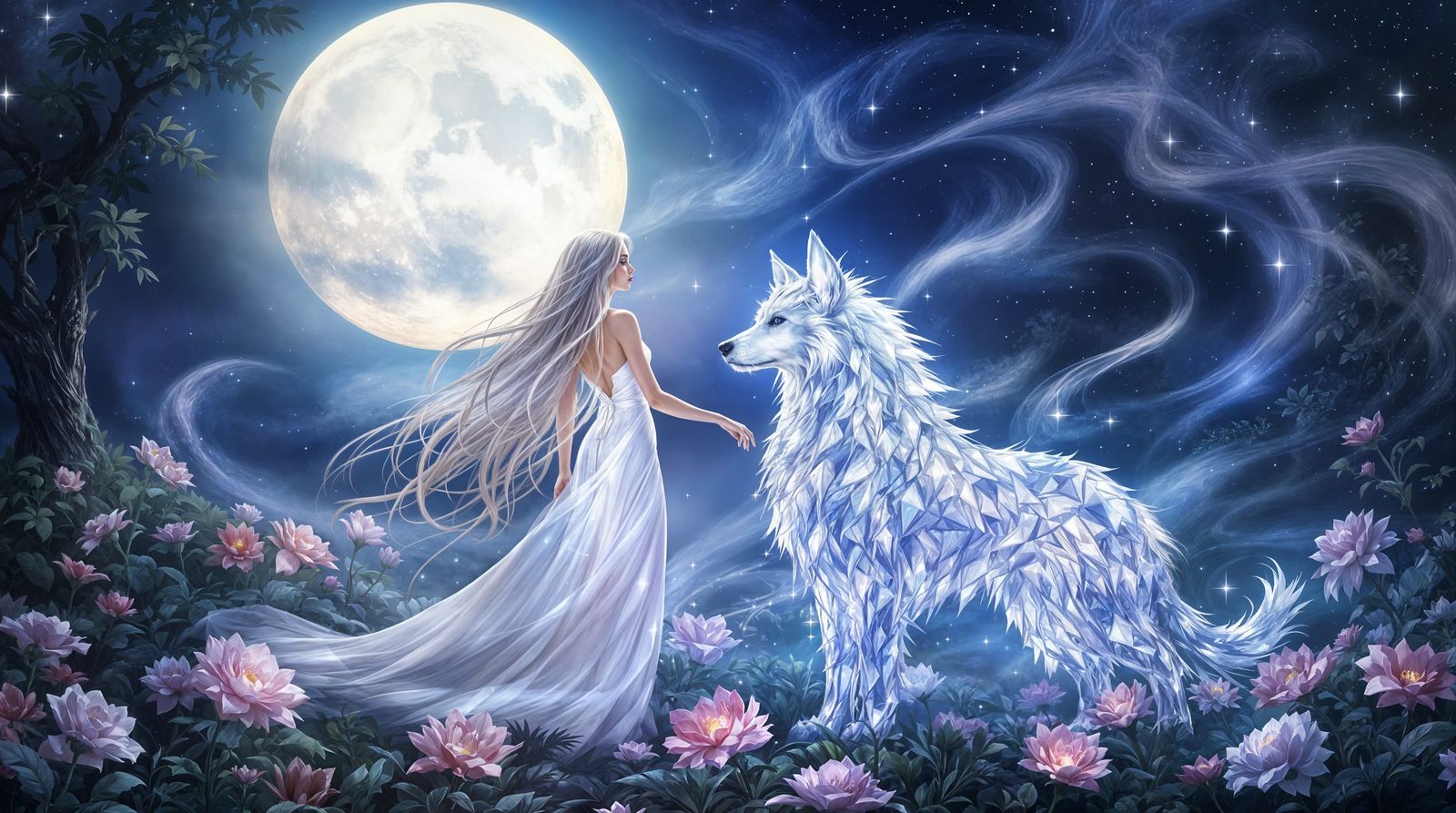 Ethereal Fantasy Portrait in Moonlit Garden Scene