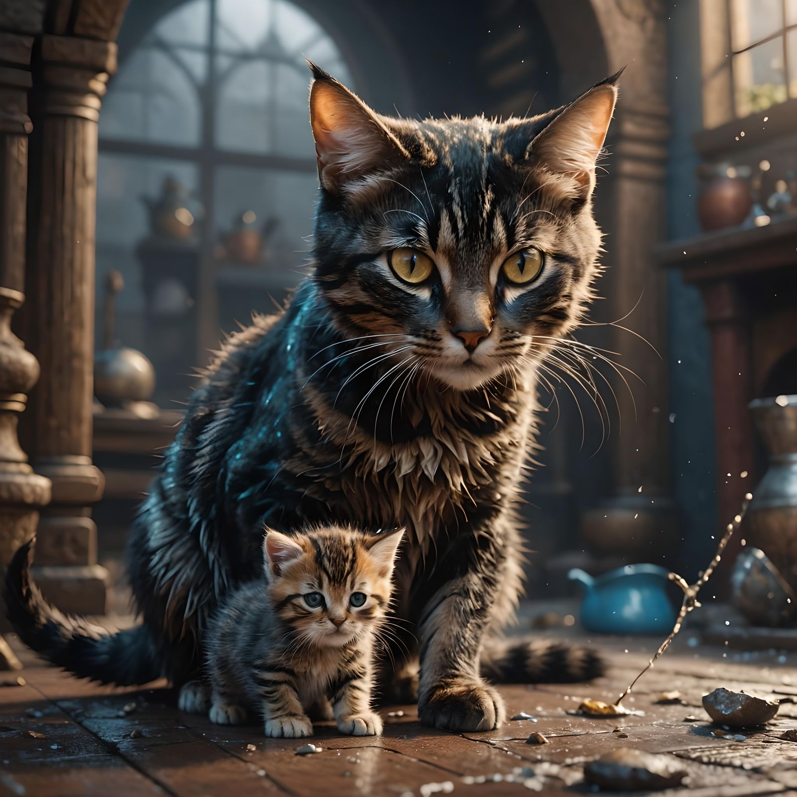 Mother Cat and Kitten: Detailed Matte Painting