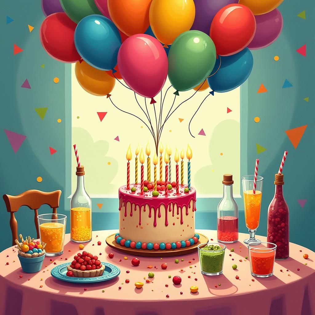 Whimsical Birthday Party Scene with Cake and Balloons