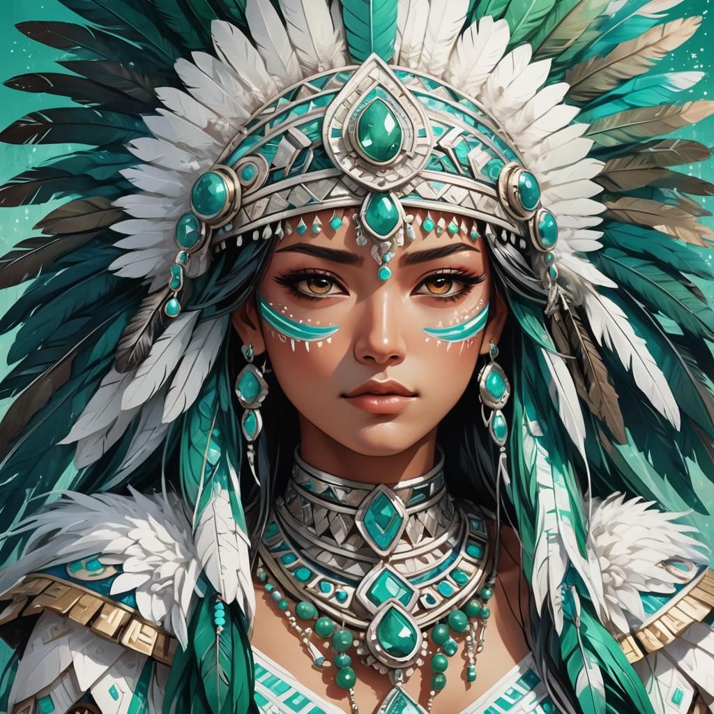 Aztec Woman in Anime Style with Iridescent Feathers