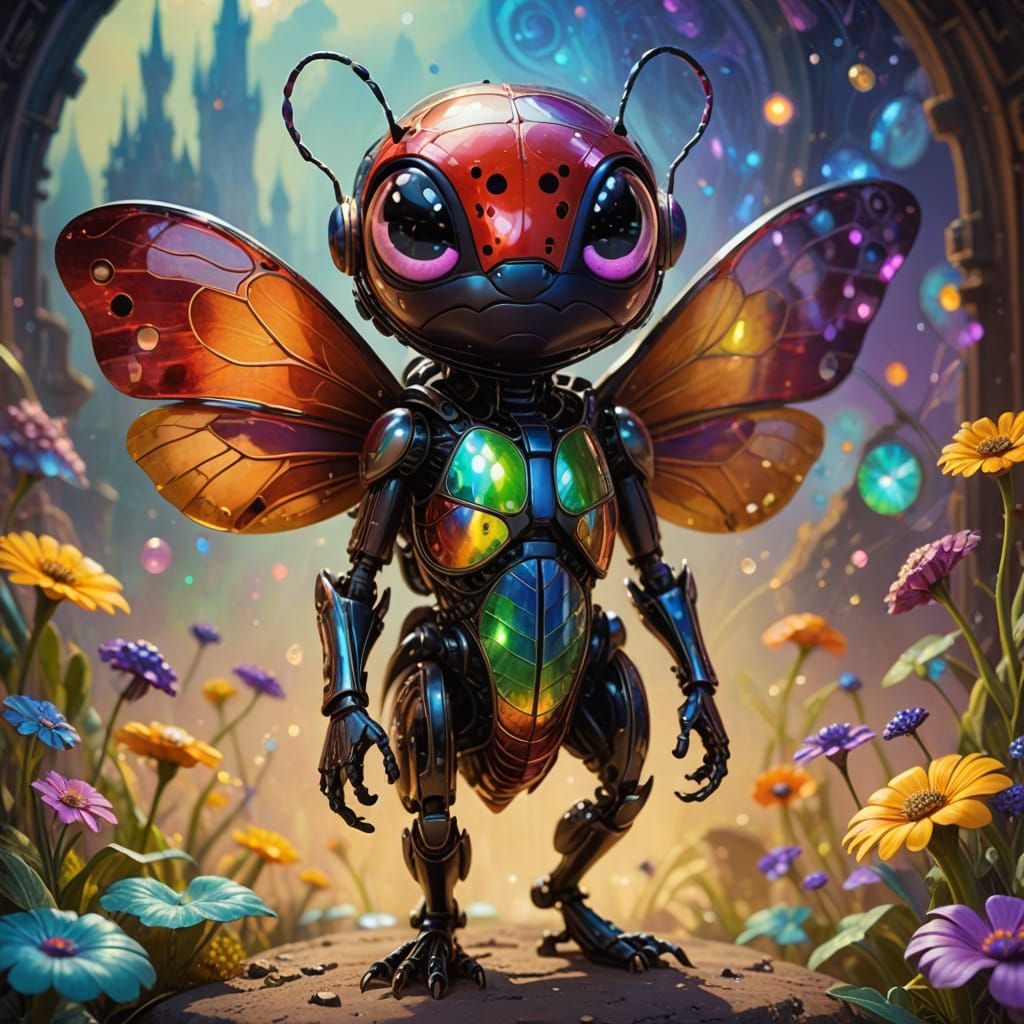 Ladybug Alien Hero in Vibrant, Iridescent Landscape