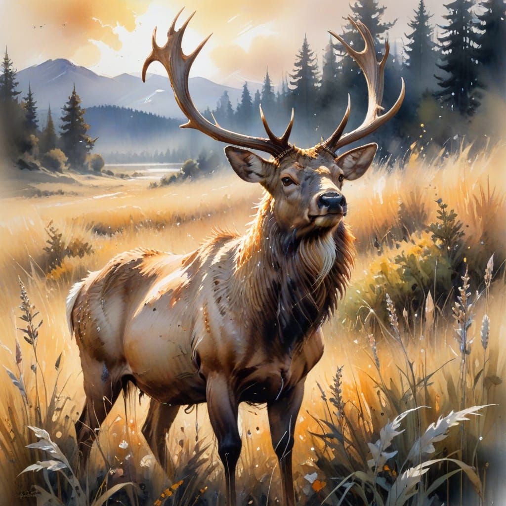 Bull Elk in Golden Hour Meadow Watercolour Painting