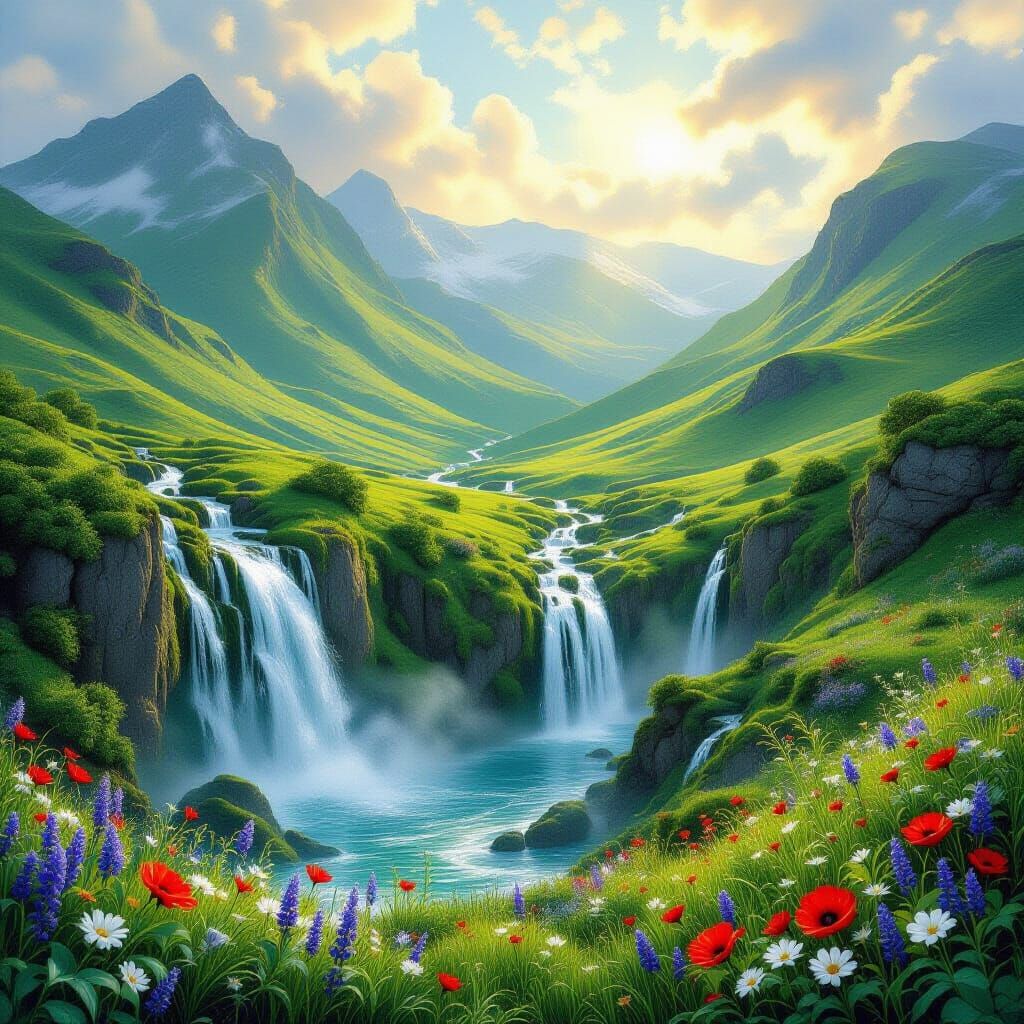 Mystical Celtic Paradise with Waterfalls and Wildflowers