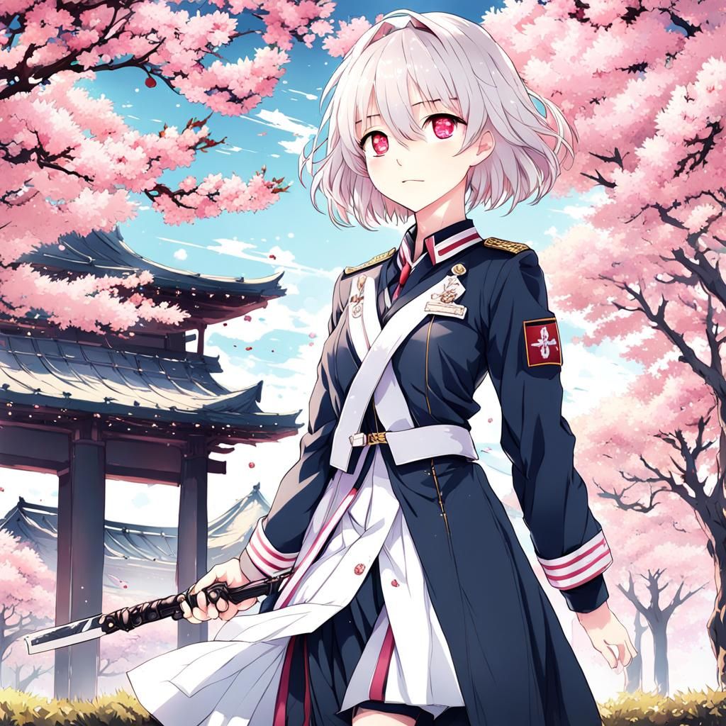 Anime Girl with White Hair Under Cherry Trees