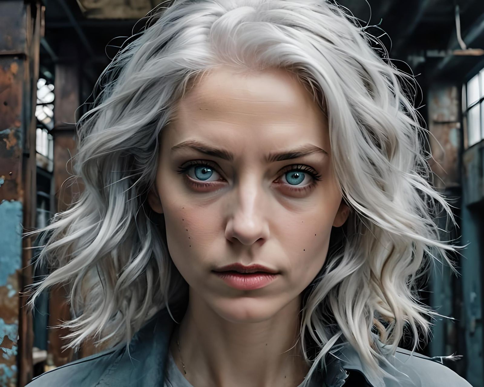 Intense Woman Gaze in Dystopian Setting