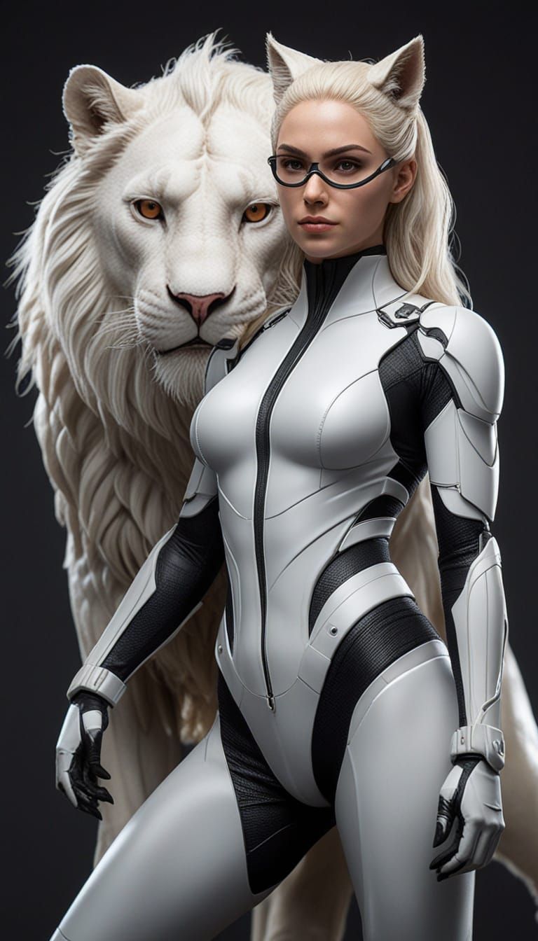 Realistic Hybrid of Catwoman and White Lion