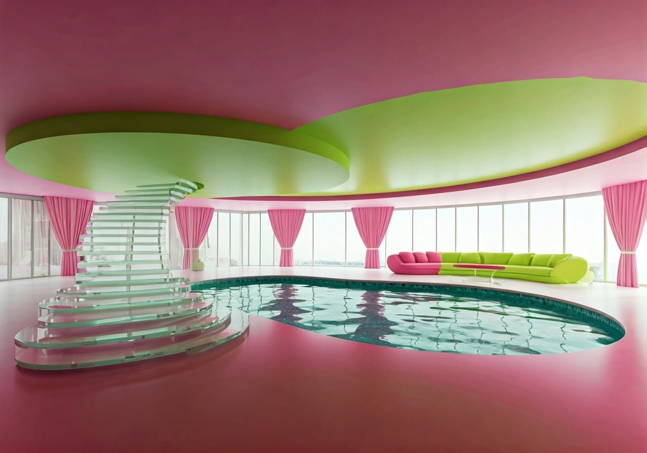 Futuristic Pink and Green Living Room with Plexiglass Stairw...