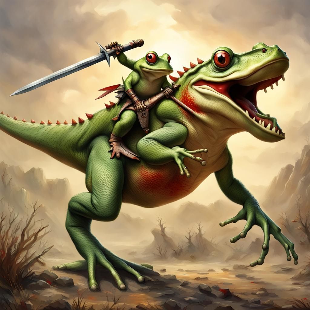 Frog Warrior Rides Dinosaur into Battle