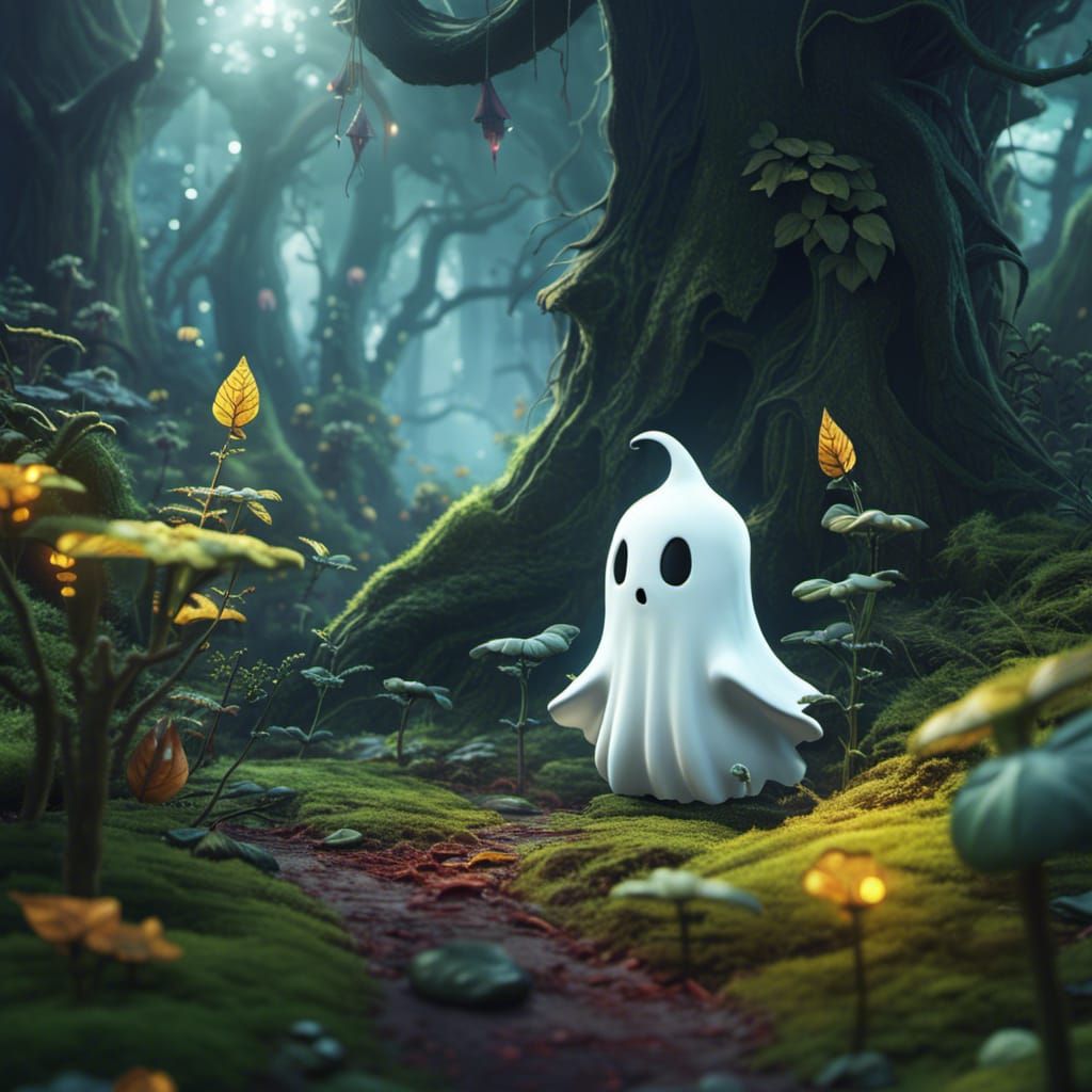 Cute Ghost in Fantasy Forest: Digital Art
