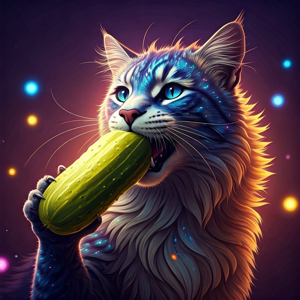 Mystical Cat Sucking Pickle in Fantasy Realm