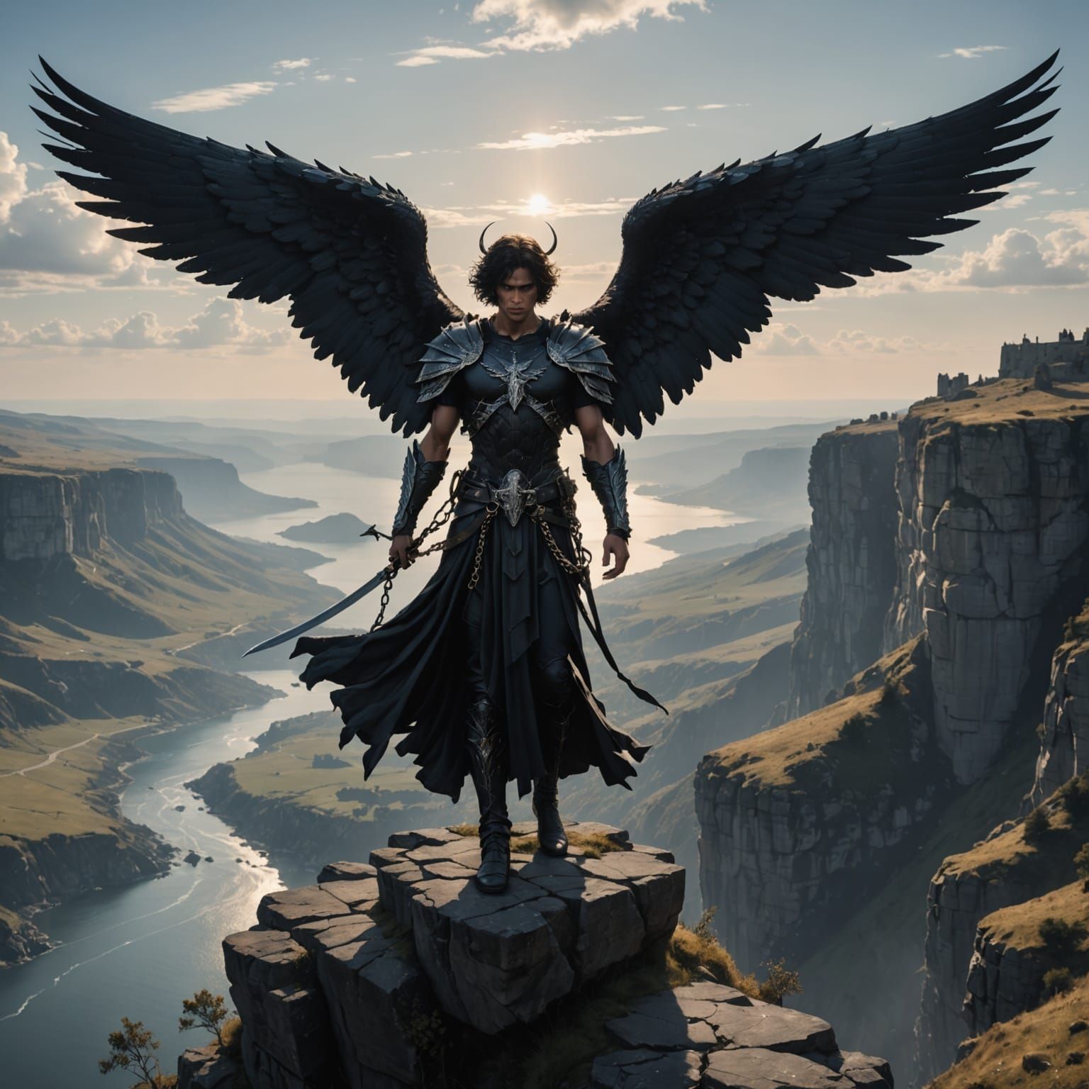 Angel of Despair Standing on a Cliff in the Distance