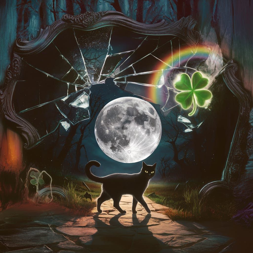 Black Cat, Full Moon, and Broken Mirror in Matte Painting