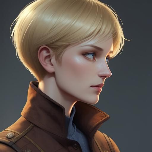 Girl 22 years old, blonde hair, very short pixie haircut