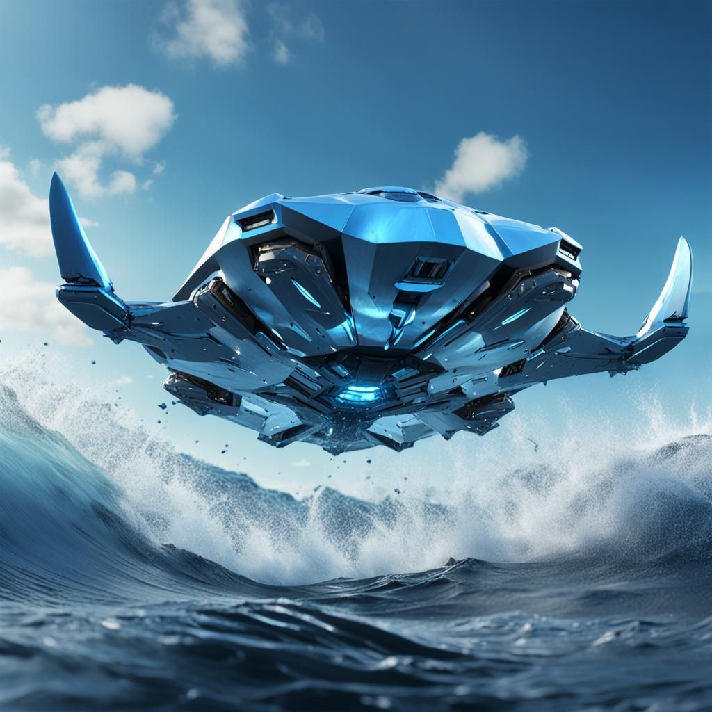 Futuristic Mechanical Stingray Soaring Over Ocean Waves
