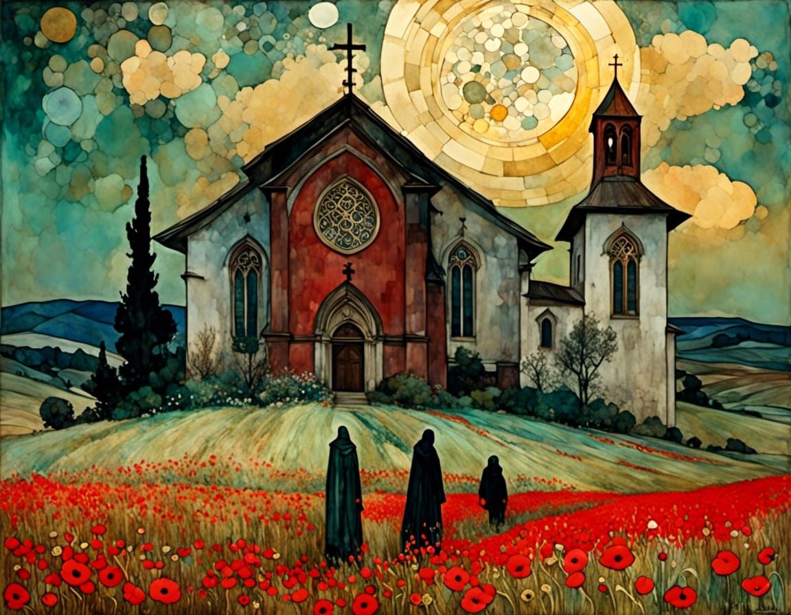 Church in Poppy Fields: Neo-Impressionist Oil Painting