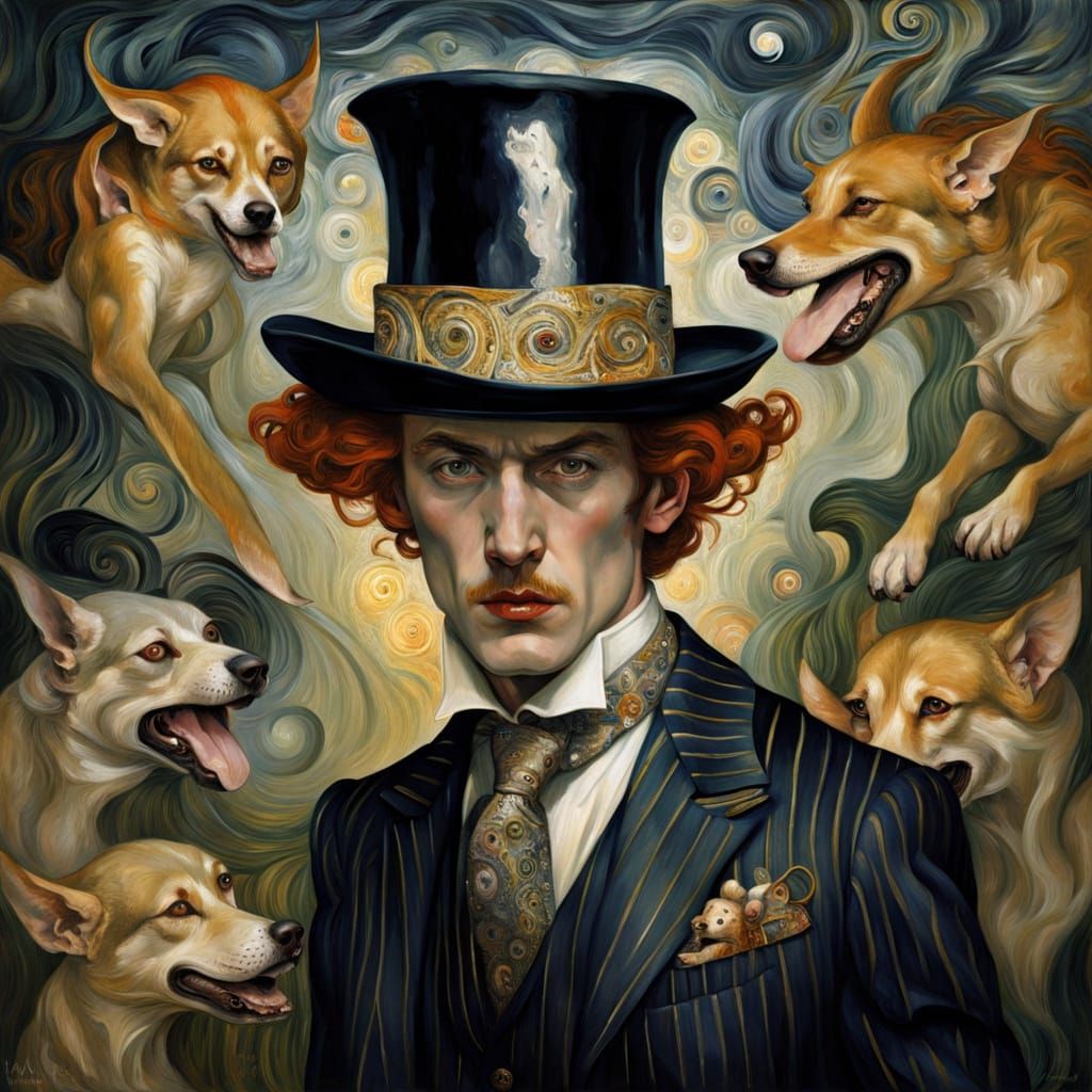 Dandy and Hellhound in Klimt-Lempicka Style