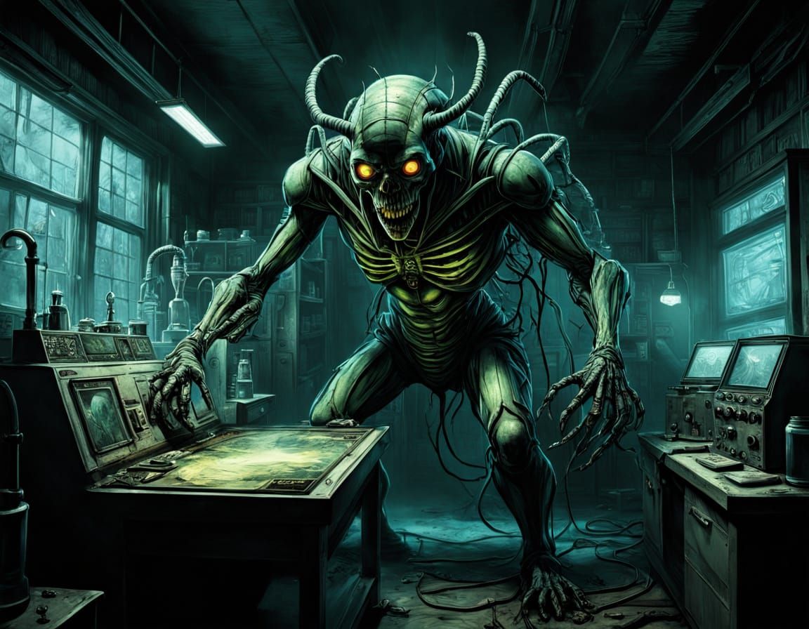 Gory Hybrid Creation in Neon-Lit Lab